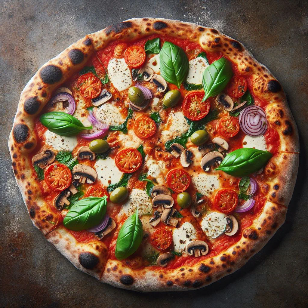 Stone-baked Argentinian pizza a la piedra with melted mozzarella and fresh herbs