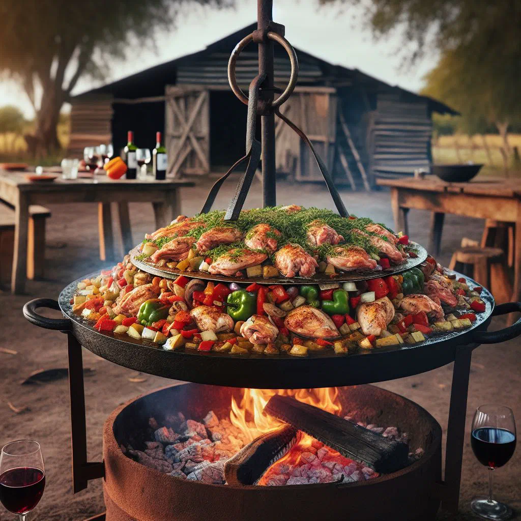 Pollo al disco with chicken, peppers and onions in a cast-iron disc pan