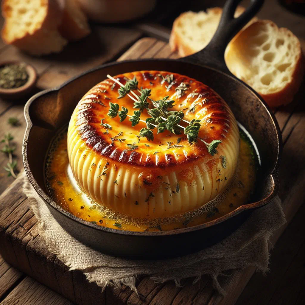 Grilled provoleta cheese in a cast-iron dish with oregano and chilli flakes