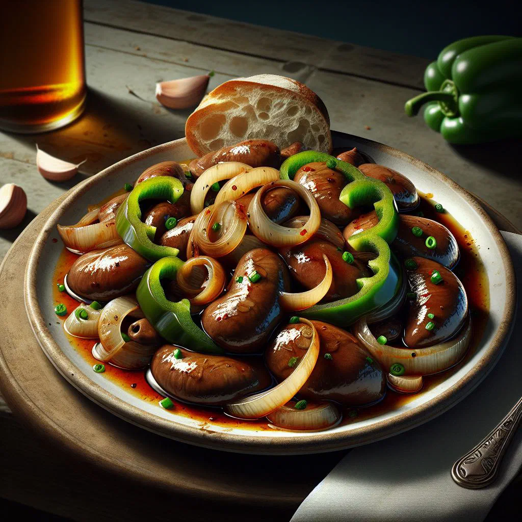 Beef kidneys braised in sherry with onions and parsley in a pan