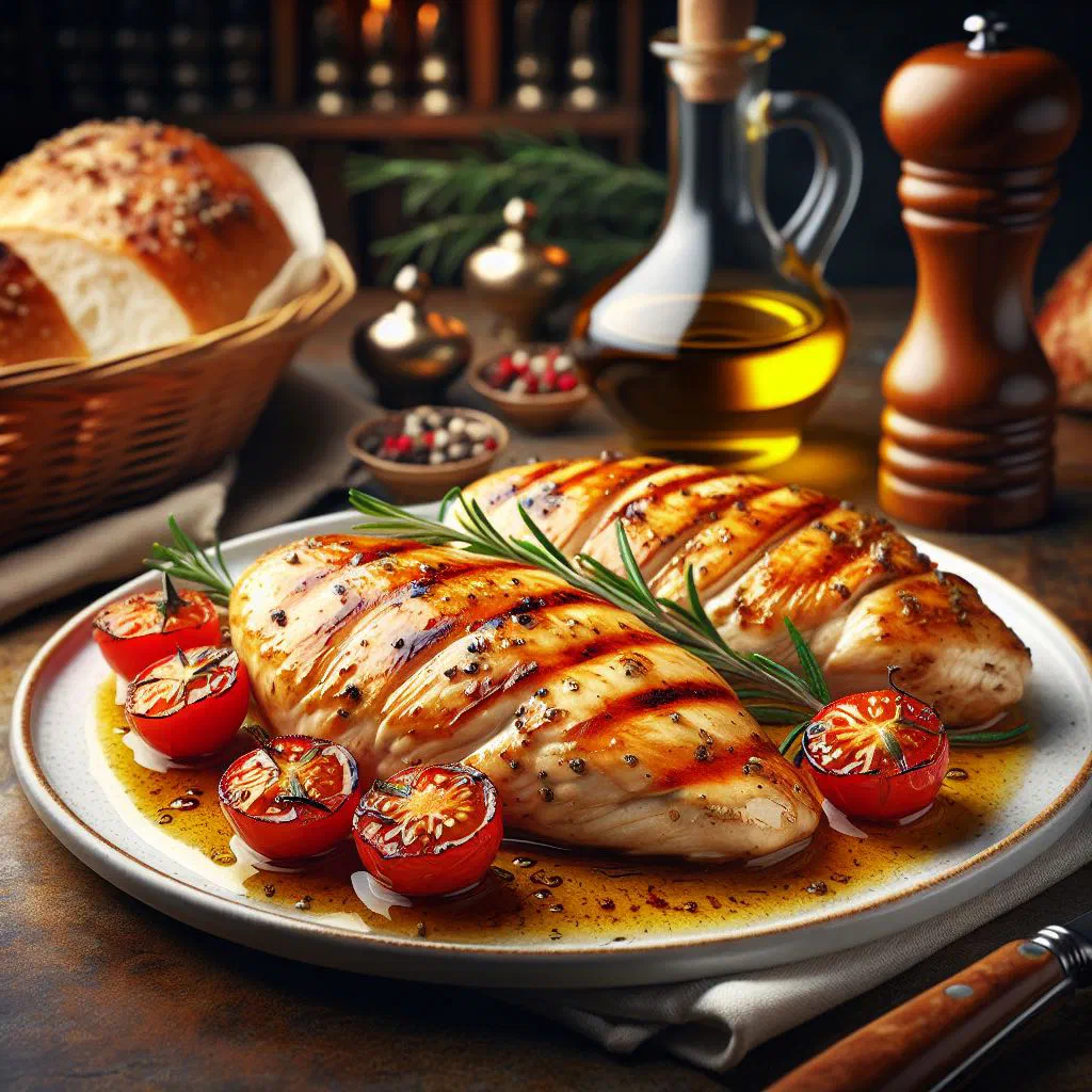 Golden breaded chicken fillets with lemon wedges and fresh herbs