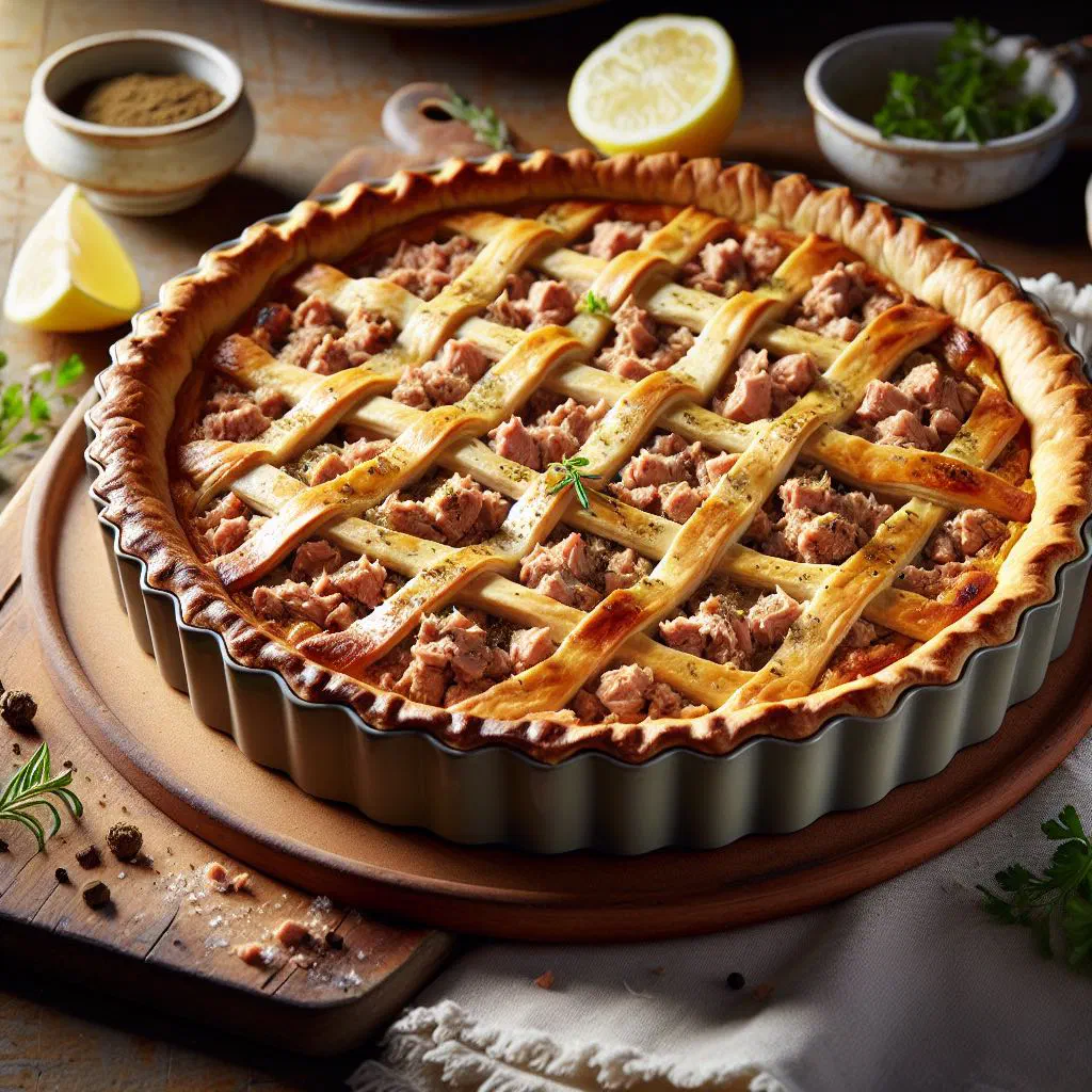 Golden baked Argentinian tuna pie cut into slices
