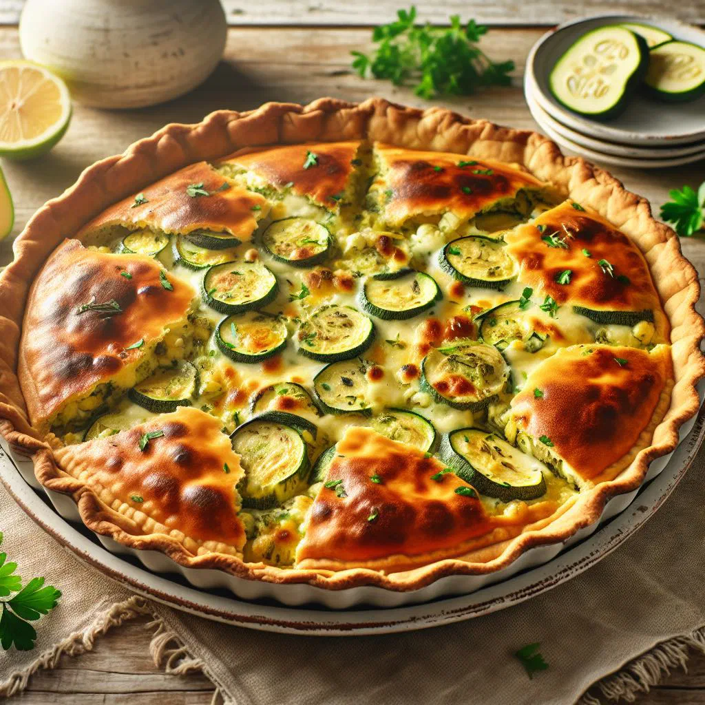 Golden courgette tart with a crisp pastry base, sliced and served with fresh herbs