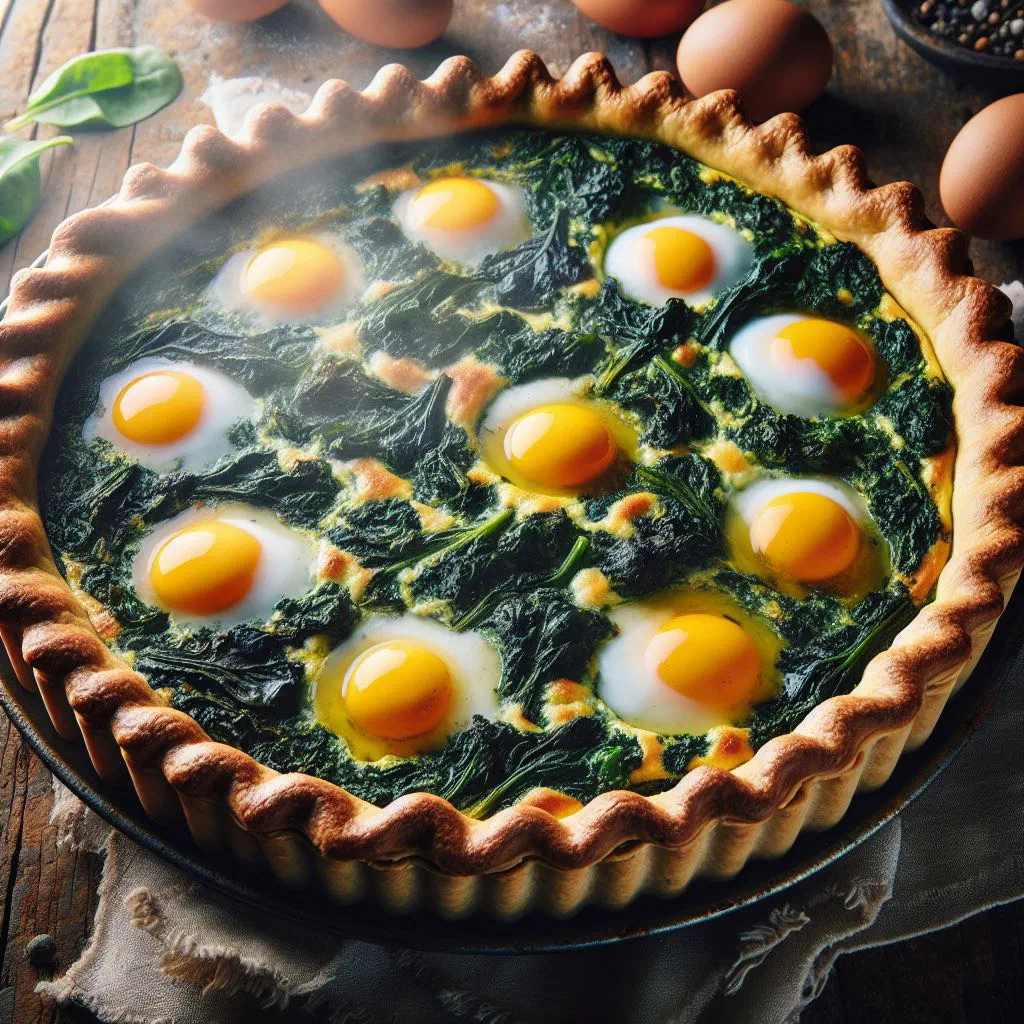 Golden Tarta Pascualina cut open to reveal the spinach and ricotta filling