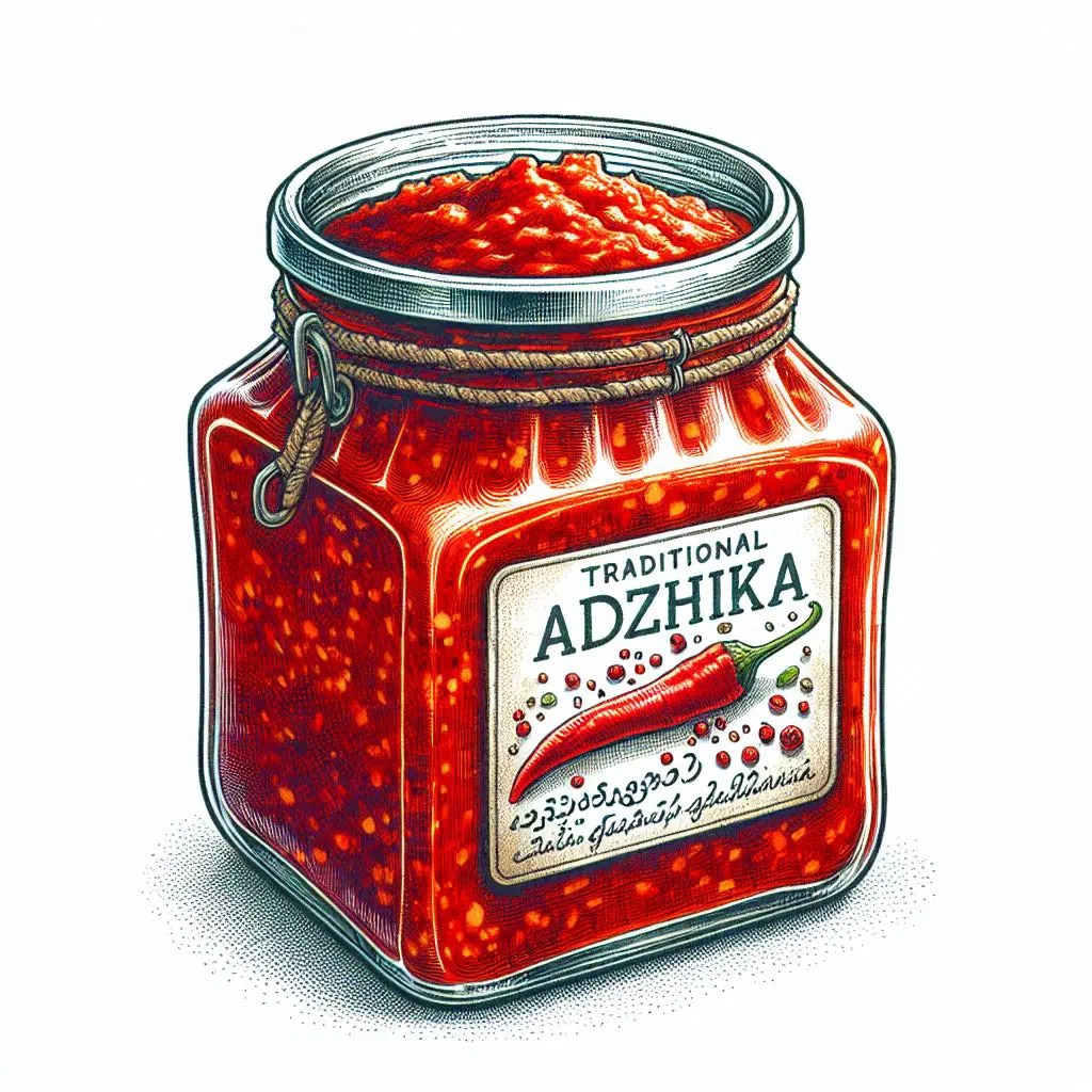Bowl of red Armenian adzhika sauce garnished with fresh herbs