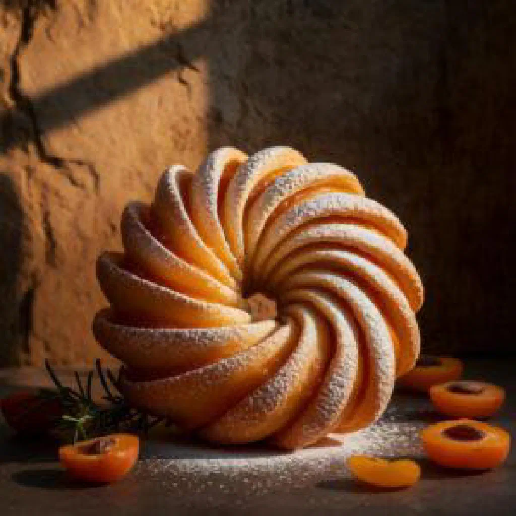 Golden Armenian gata pastry with a patterned crust, sliced on a plate
