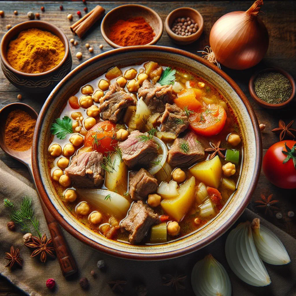 Bowl of Armenian bozbash lamb and vegetable stew topped with fresh herbs