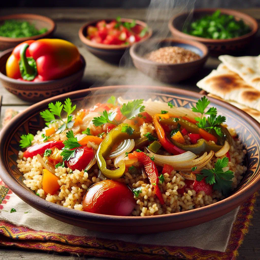 Bulgur pilaf with carrots and fresh parsley in a shallow serving dish