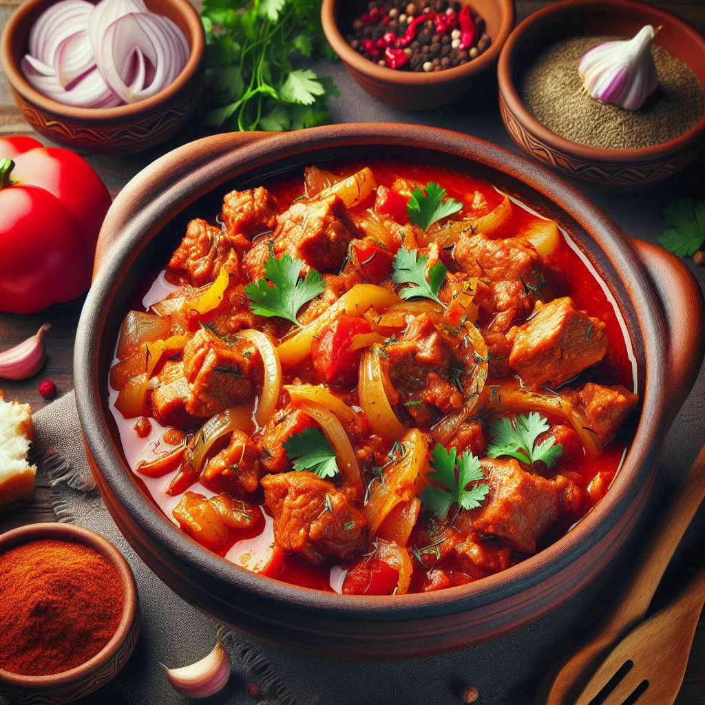 Chashushuli beef stew in a clay pot with peppers and fresh herbs