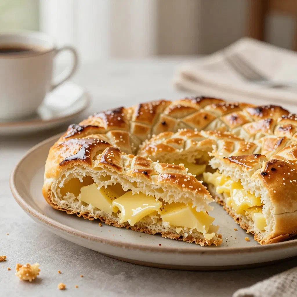 Golden baked Armenian gata pastry sliced to show the walnut filling
