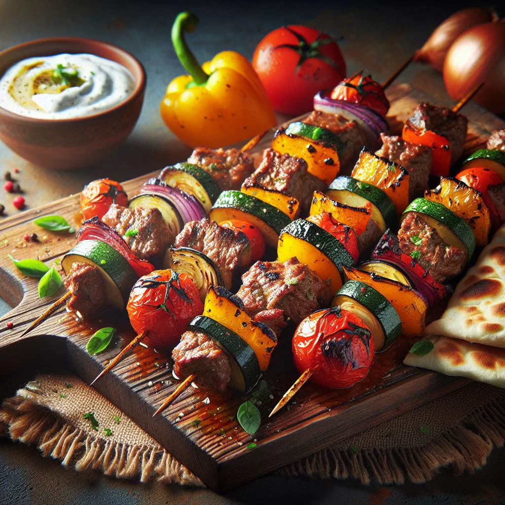 Grilled Armenian kebab skewers with fresh herbs and lemon