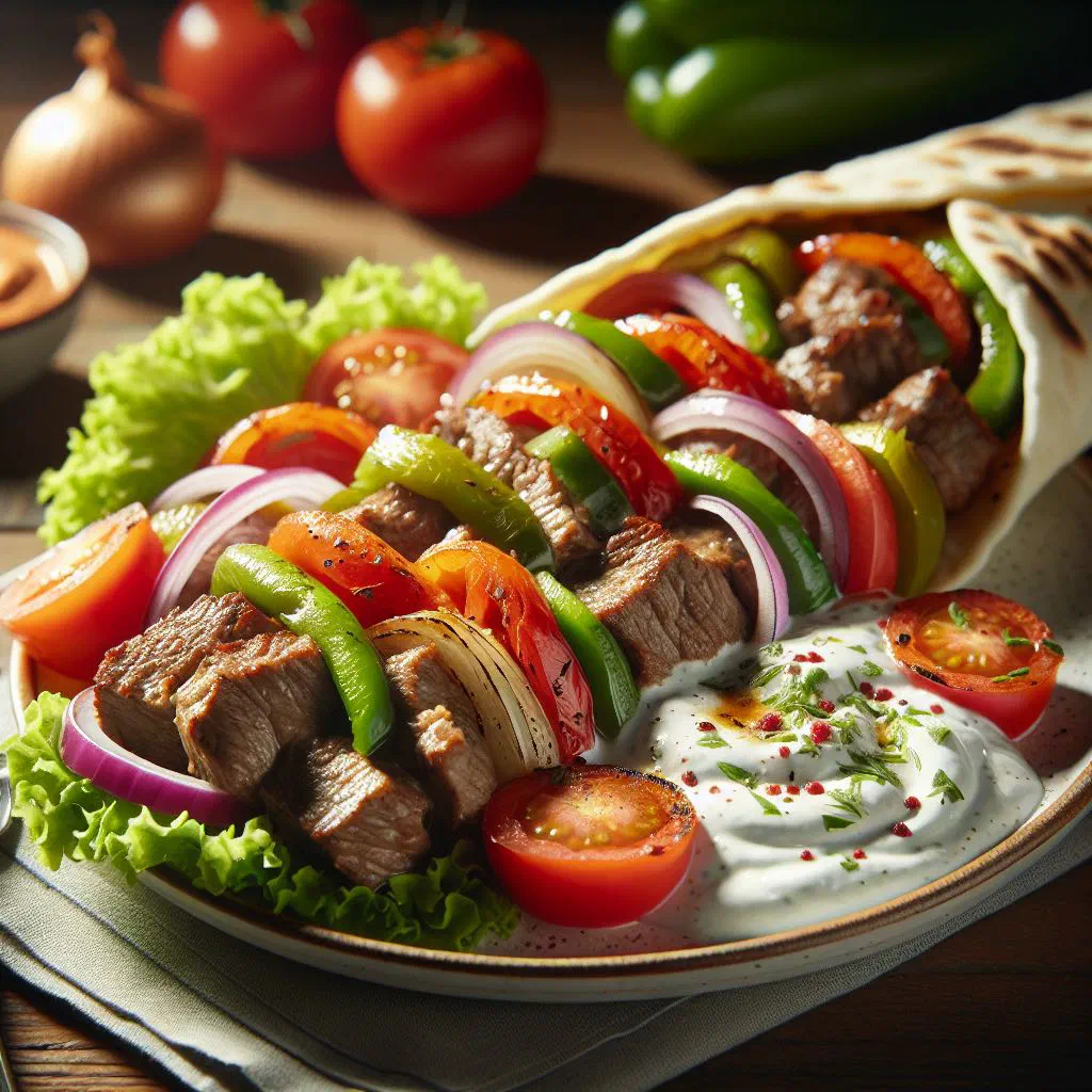 Grilled Armenian kebap skewers with fresh herbs and flatbread