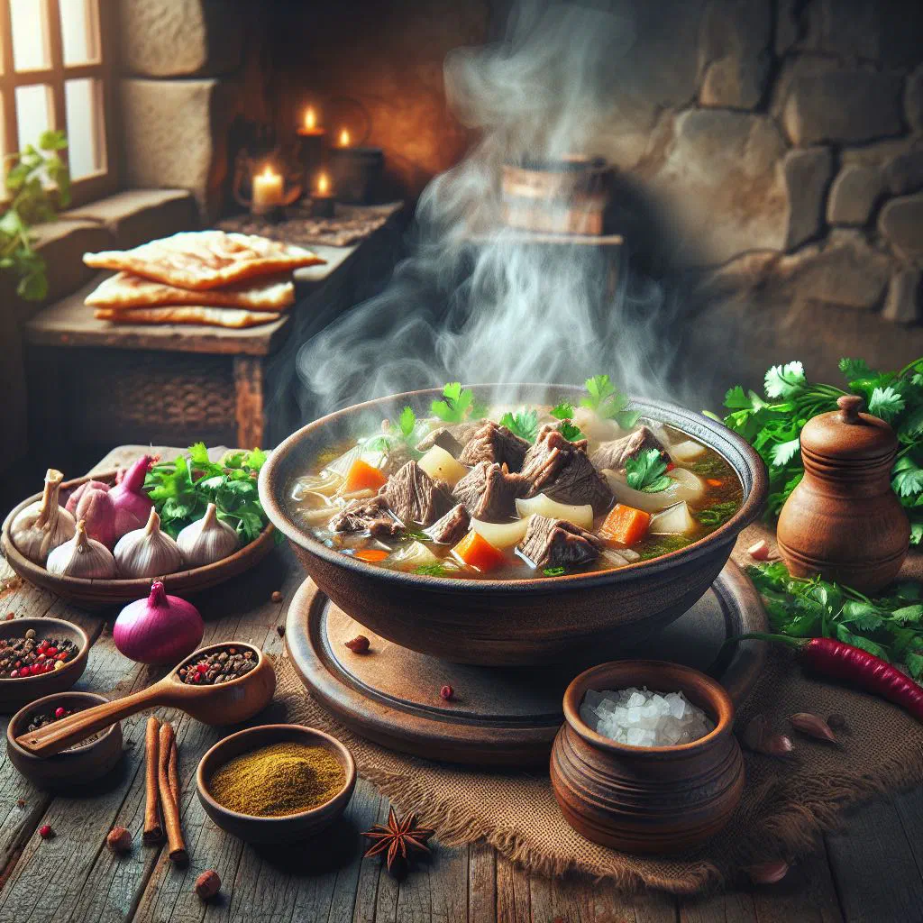 Bowl of Armenian khash broth with garlic and fresh bread
