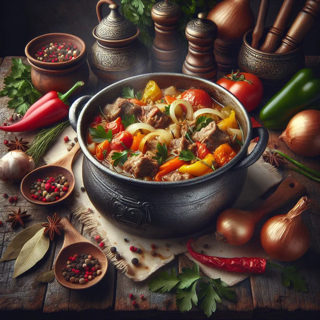 Armenian khashlama stew with tender lamb, potatoes and carrots in broth