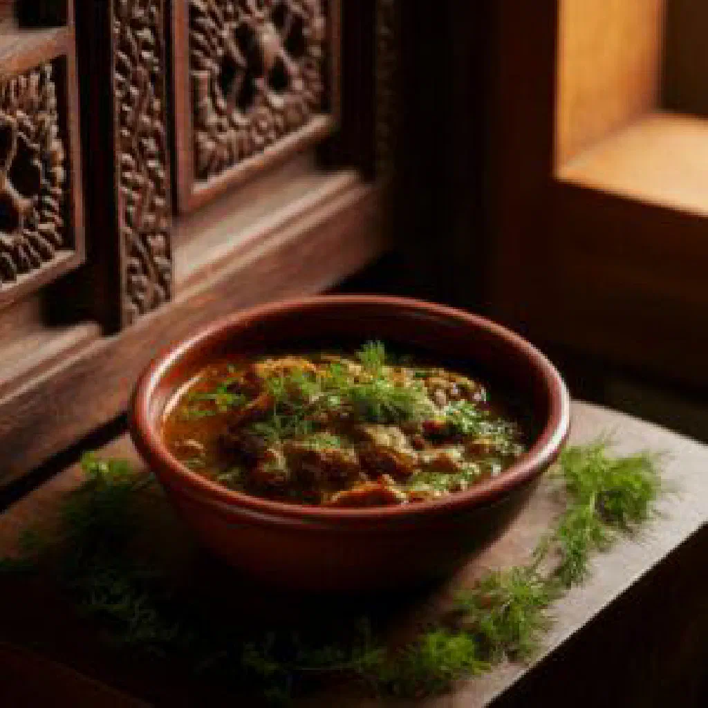 Bowl of clear Armenian khasho broth served with fresh bread and garlic