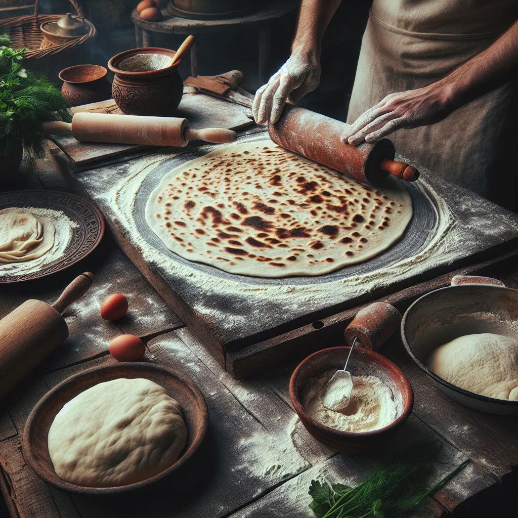 Thin Armenian lavash flatbreads stacked warm on a wooden board