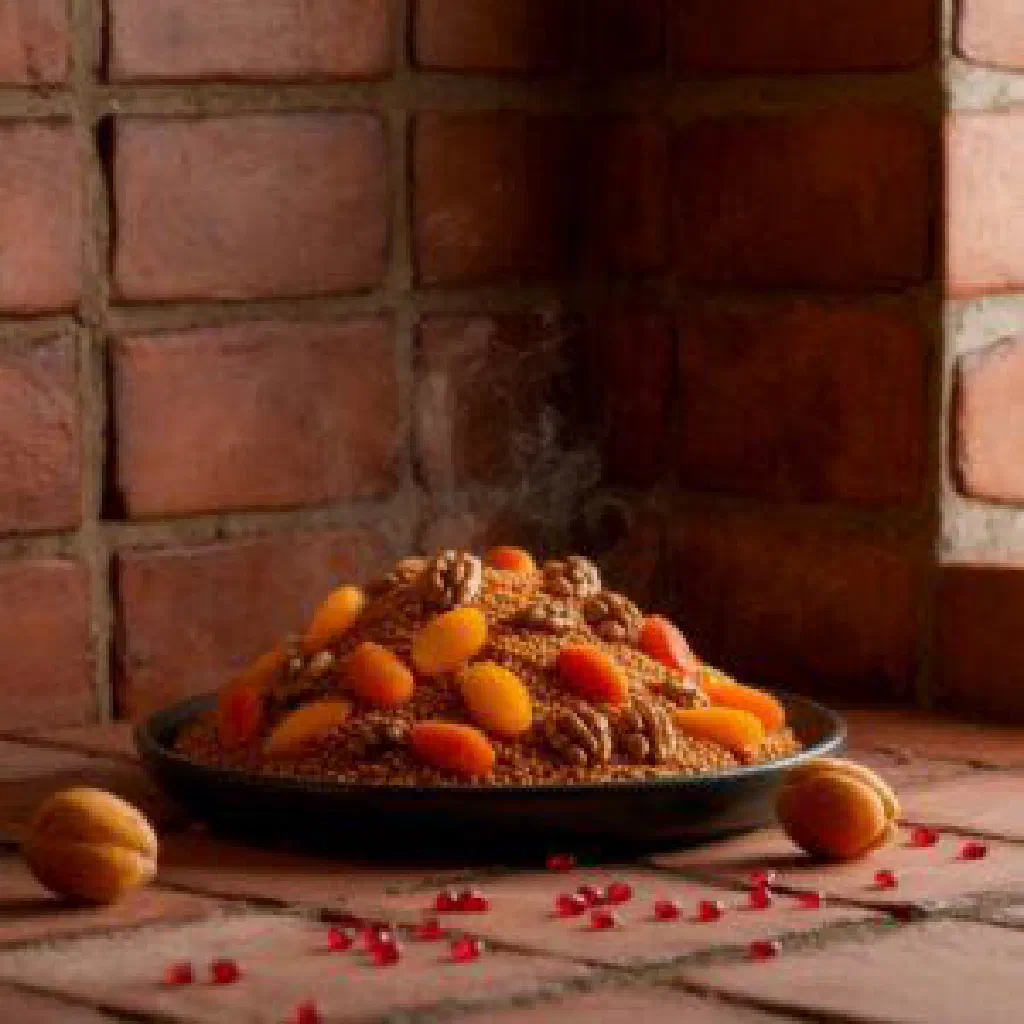 Armenian mshosh served in a bowl with rice, meat and fresh herbs
