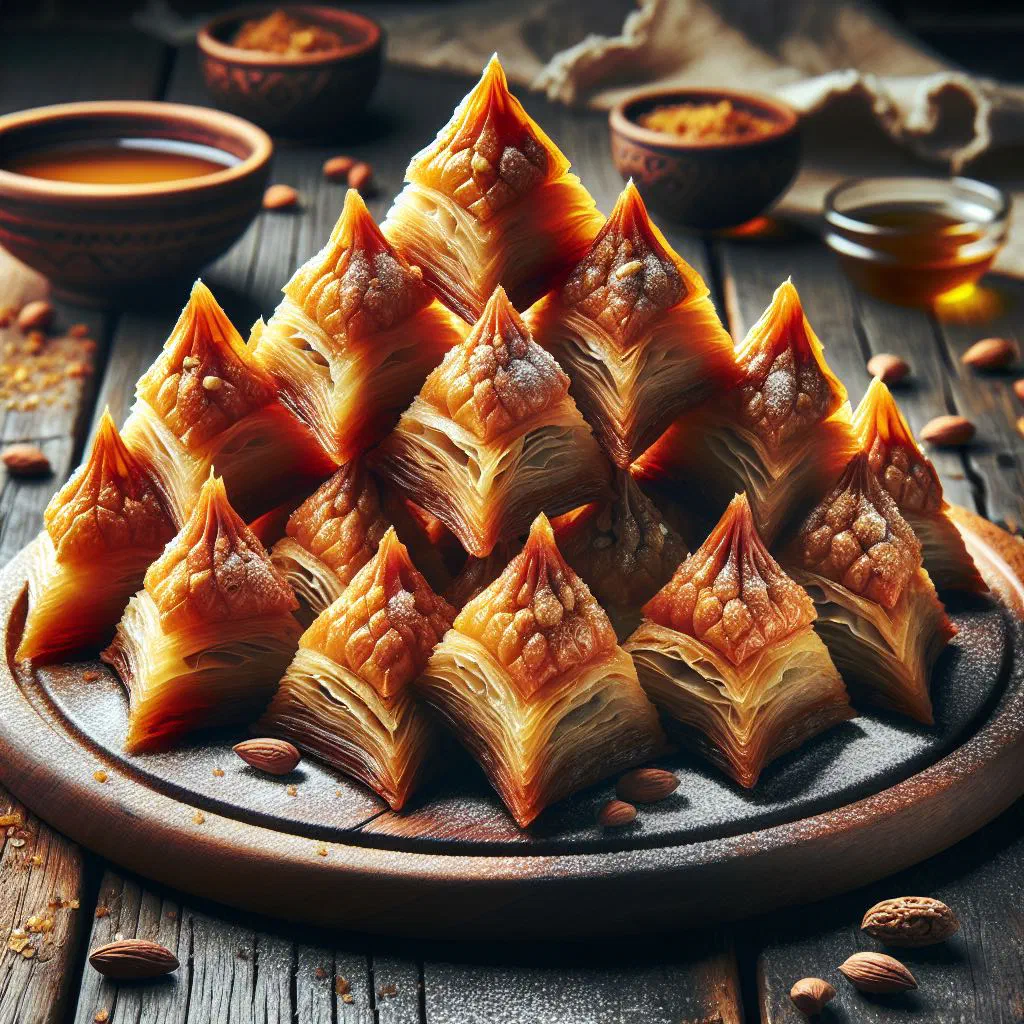 Diamond-cut pahlava pastries layered with nuts and glazed with honey syrup