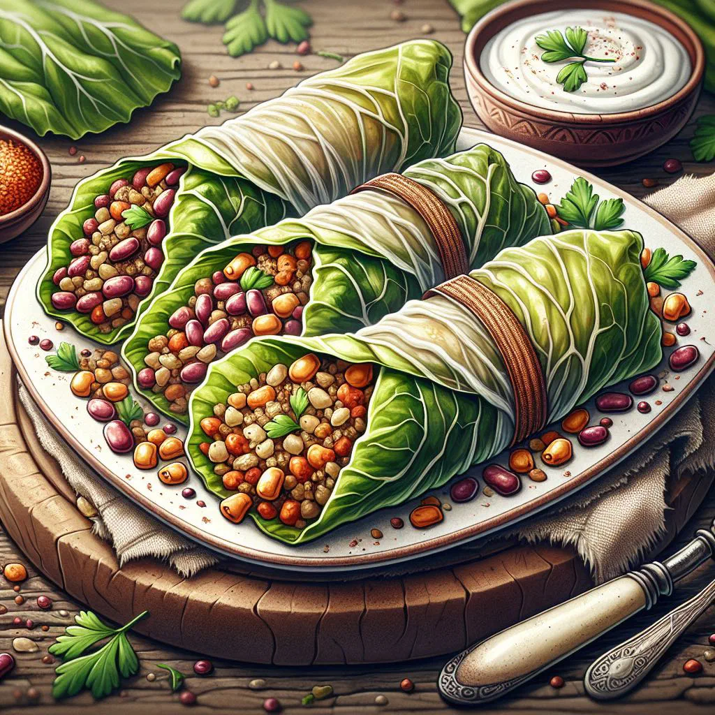 Rolled vine leaf parcels of pasuts tolma on a platter with fresh herbs