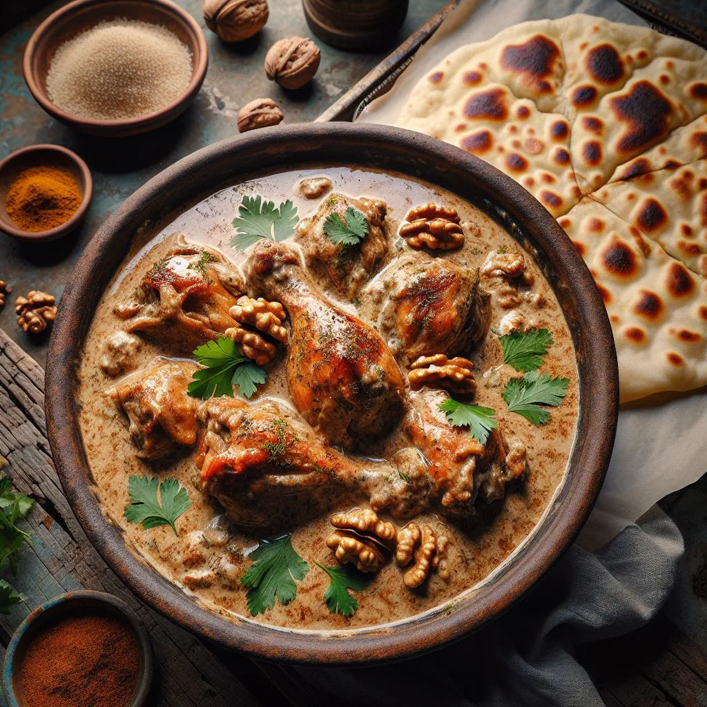 Satsivi: tender chicken pieces in a creamy walnut sauce garnished with fresh coriander