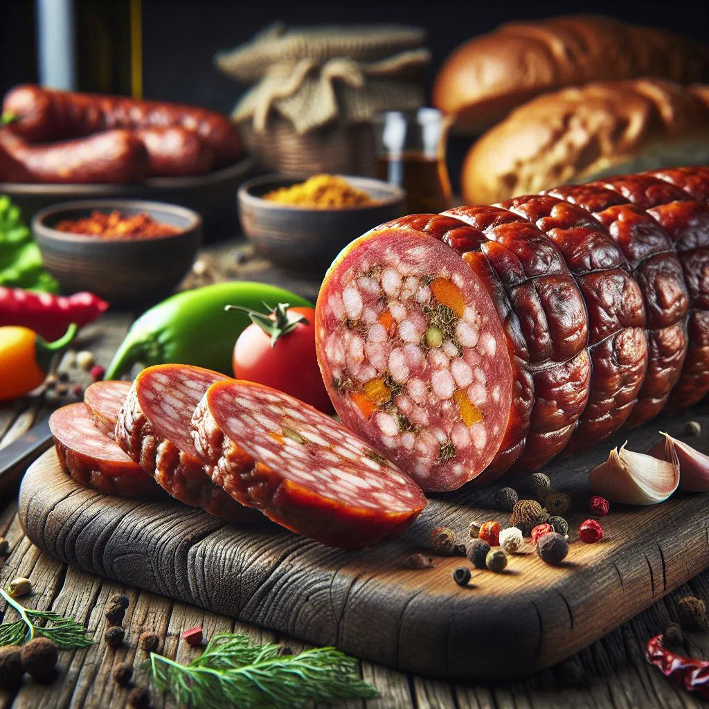 Thinly sliced Armenian sudzhuk dried sausage on a wooden board