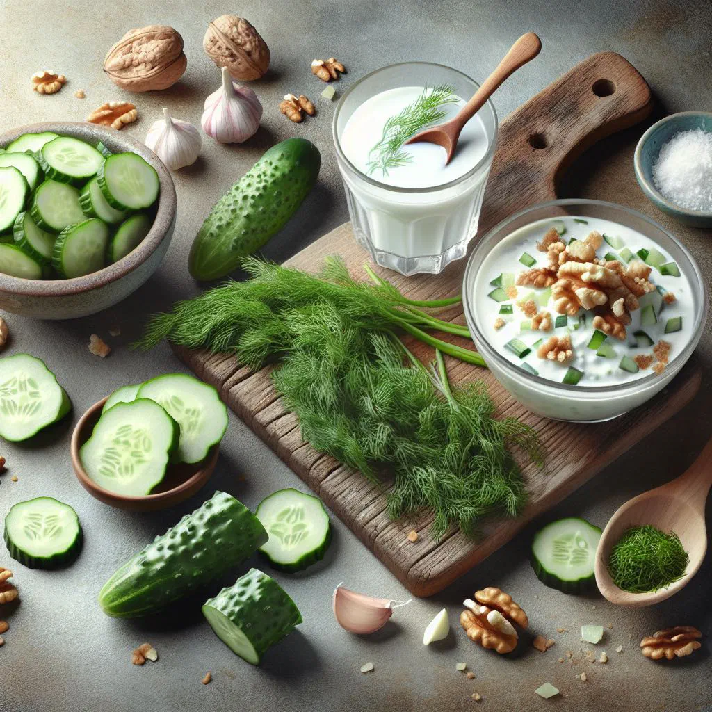 Chilled tarator in a bowl with diced cucumber, yoghurt and fresh dill