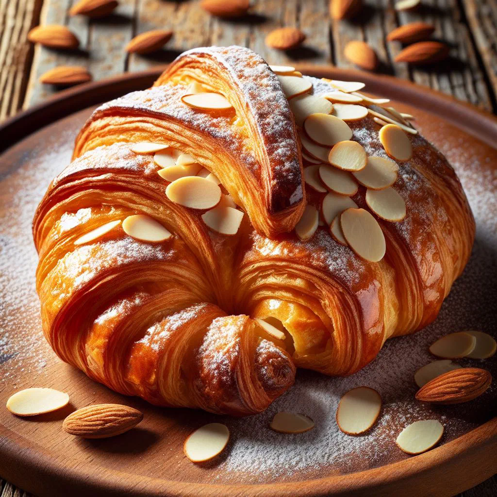 Golden almond croissants dusted with icing sugar and flaked almonds