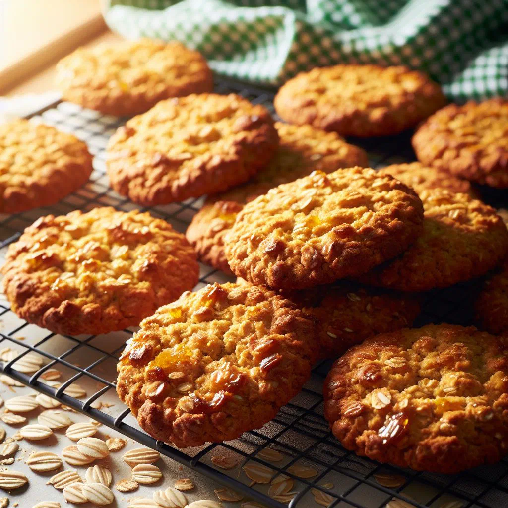 Golden Anzac biscuits cooling on a wire rack