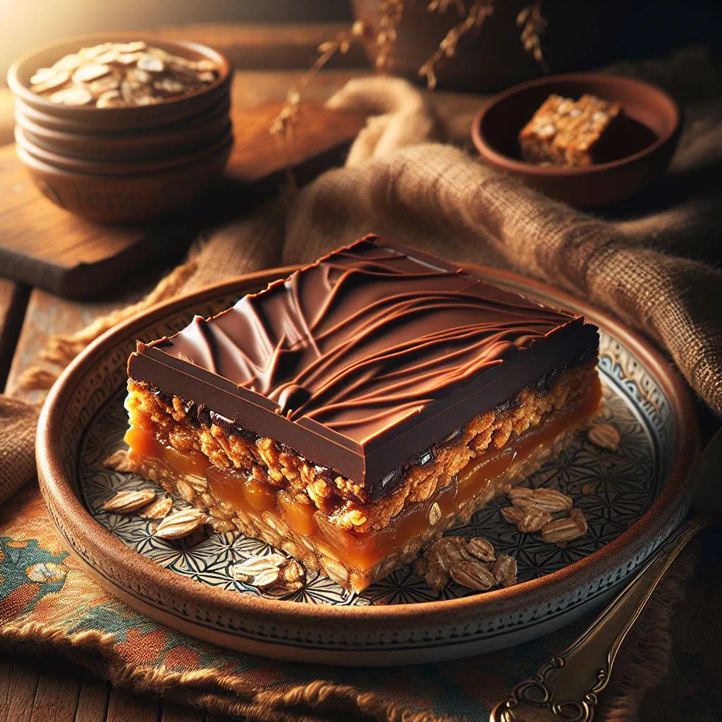 Golden-baked Anzac slice cut into squares on a wooden board