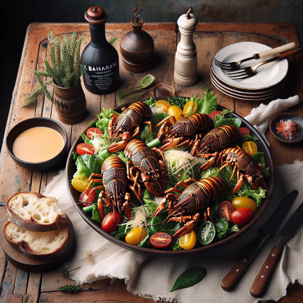 Balmain bug salad with avocado, cucumber and fresh coriander on a plate