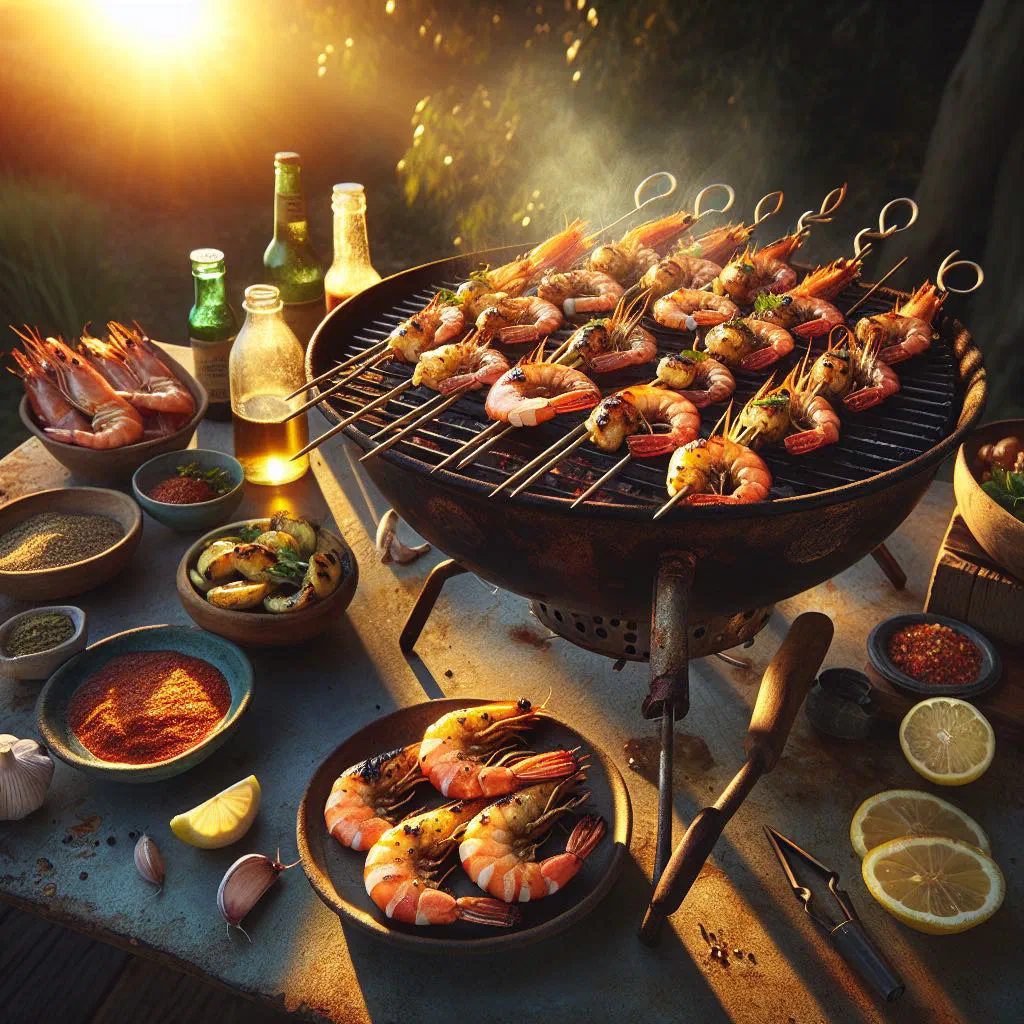 Grilled BBQ shrimp on skewers garnished with fresh herbs and lemon