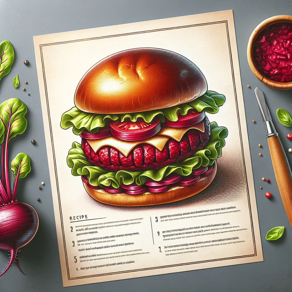 Beetroot burger with a beef patty, salad leaves and sliced beetroot in a toasted bun