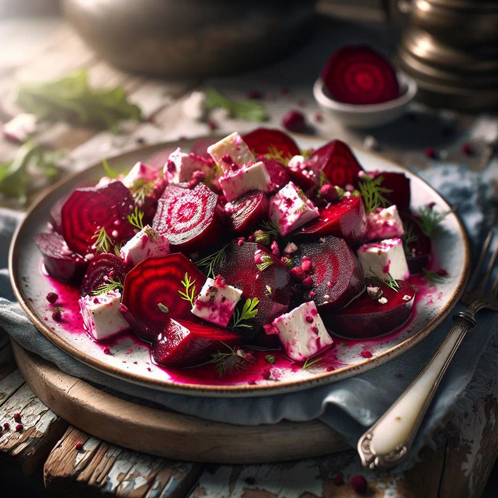 Colourful beetroot salad with cucumber, carrot and crumbled feta