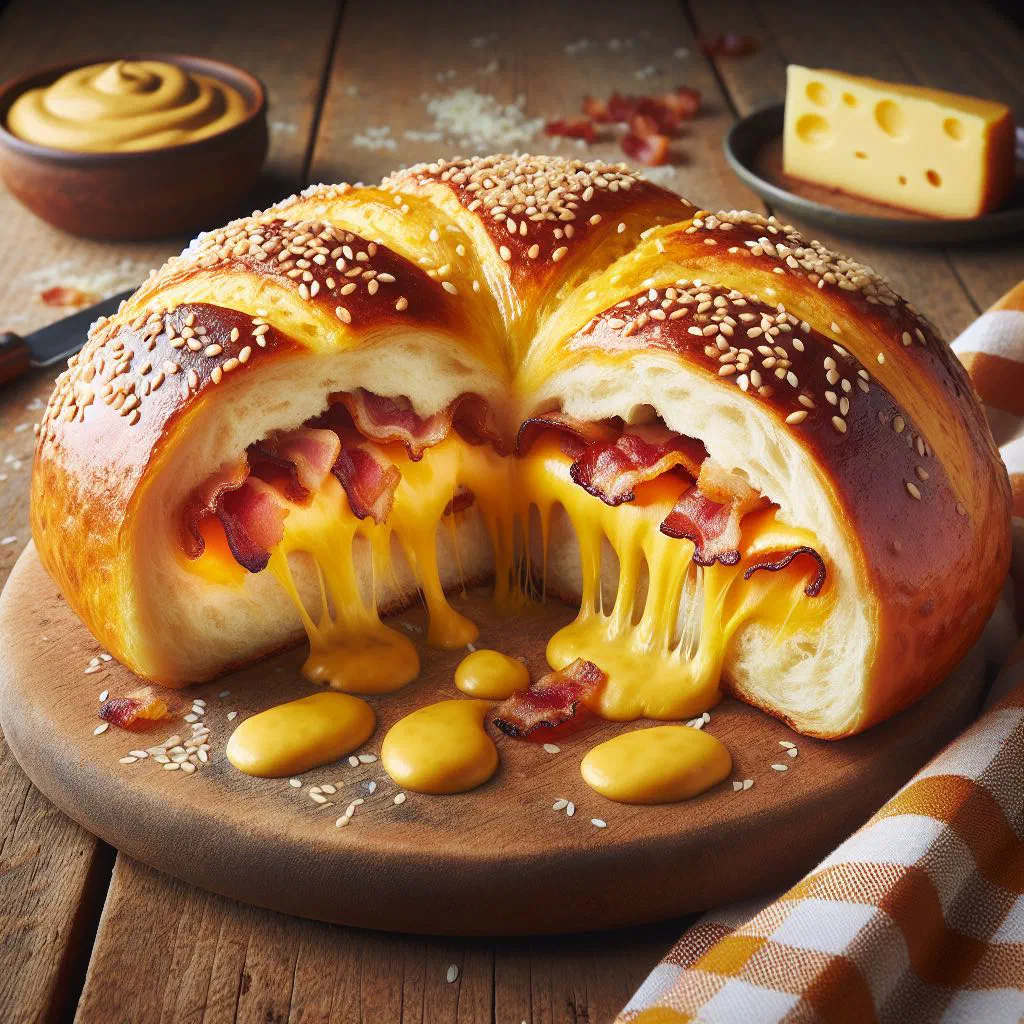 Golden cheese and bacon roll topped with melted cheddar and crispy bacon