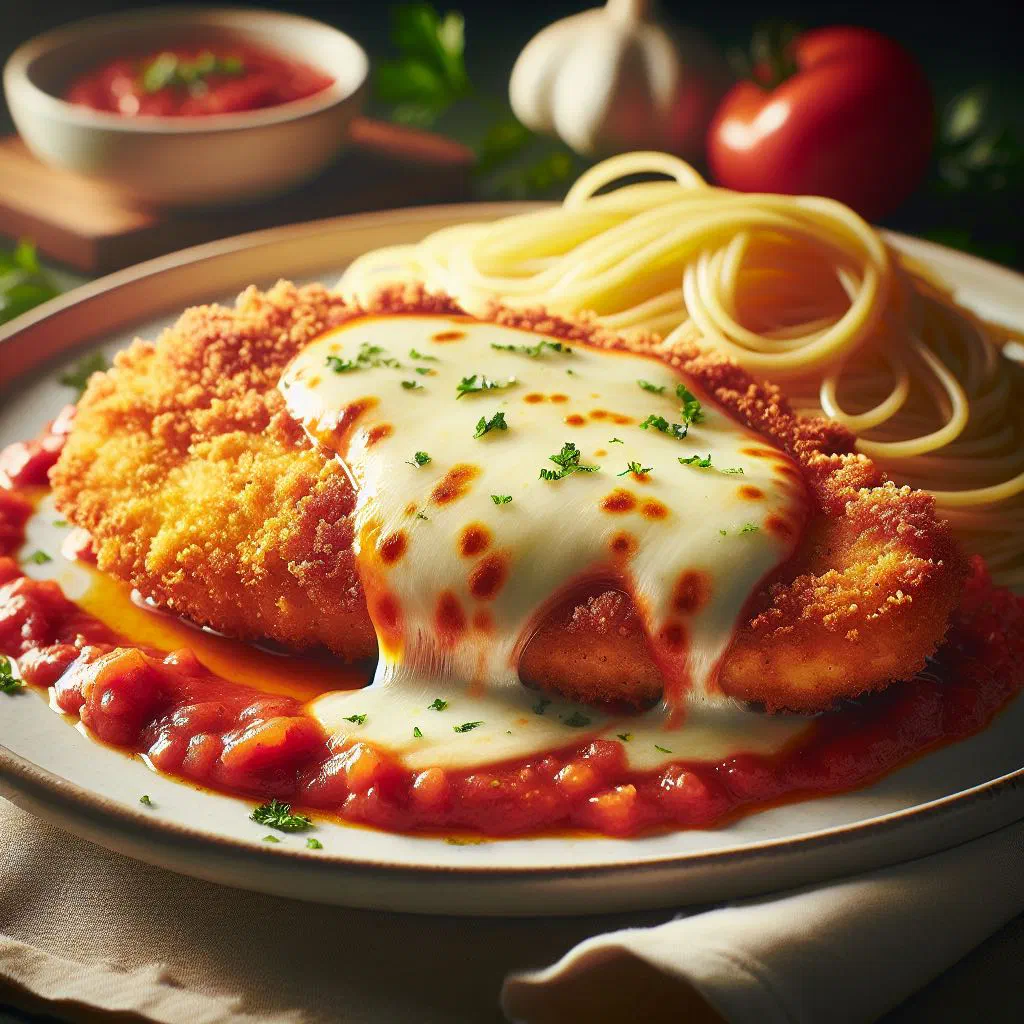 Chicken parmigiana topped with melted cheese and tomato sauce