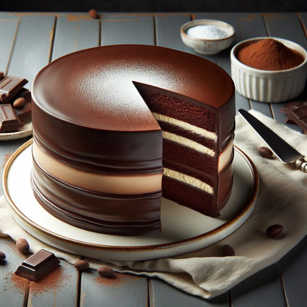 Slice of rich Australian chocolate cake with a soft, moist crumb