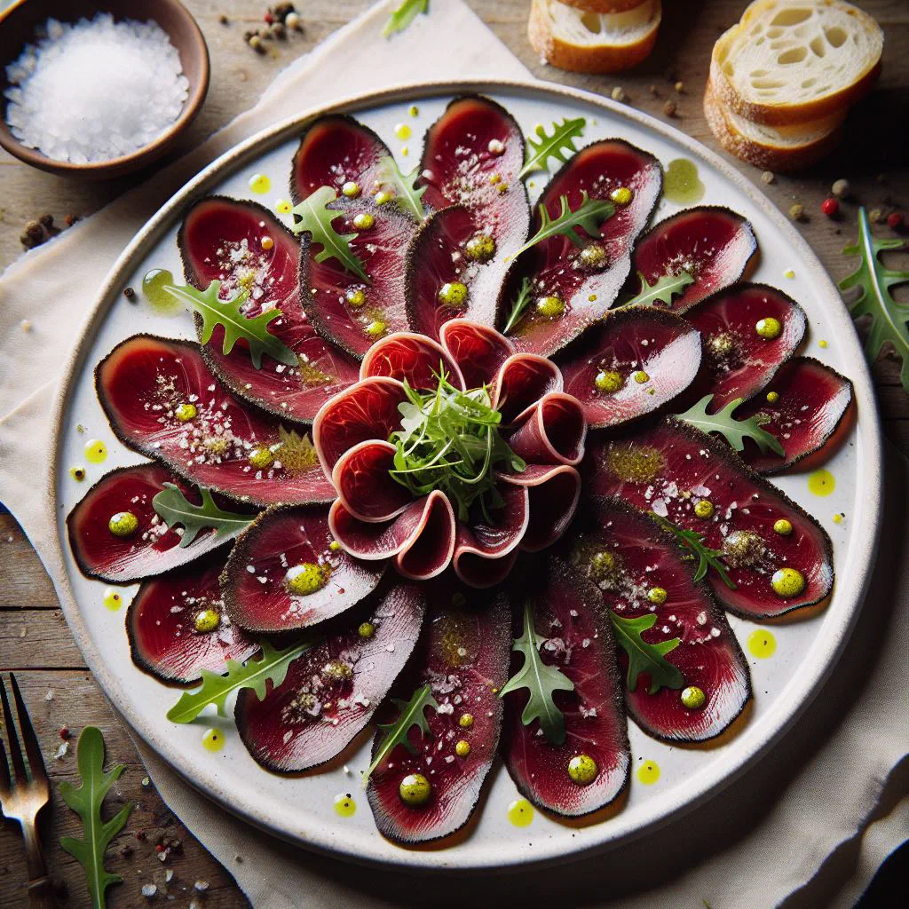 Thinly sliced emu carpaccio dressed with citrus and fresh herbs