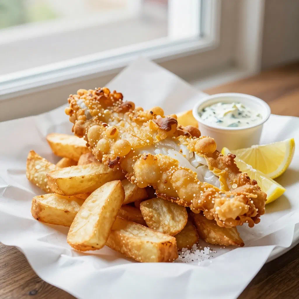 Golden battered fish with chunky chips and a wedge of lemon