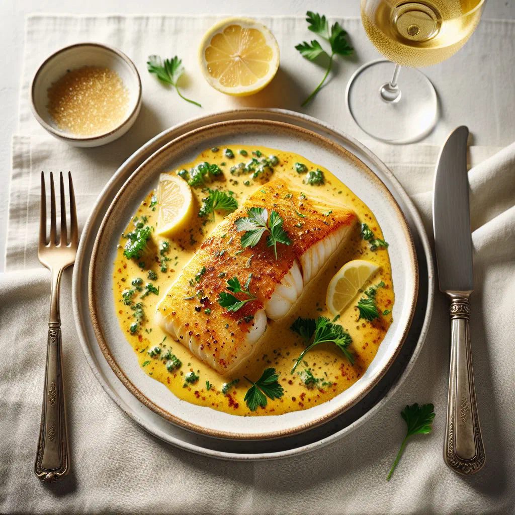 Golden-baked fish mornay in a dish with a creamy cheese sauce and fresh parsley