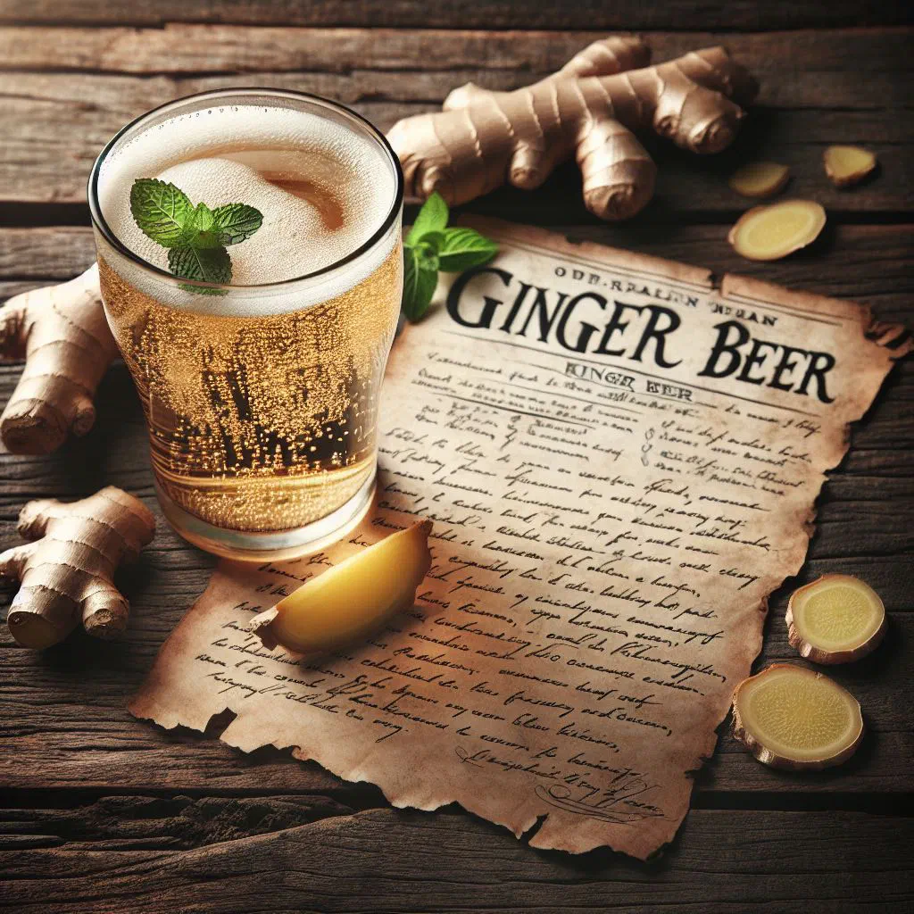 Chilled homemade ginger beer in a glass with ice and mint
