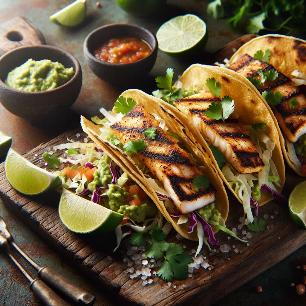 Grilled fish tacos topped with red cabbage, avocado and fresh coriander