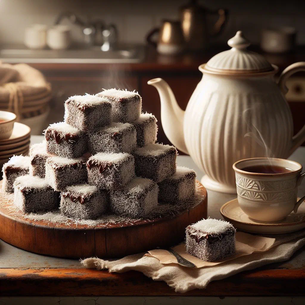 Square lamington sponge cakes coated in chocolate and desiccated coconut