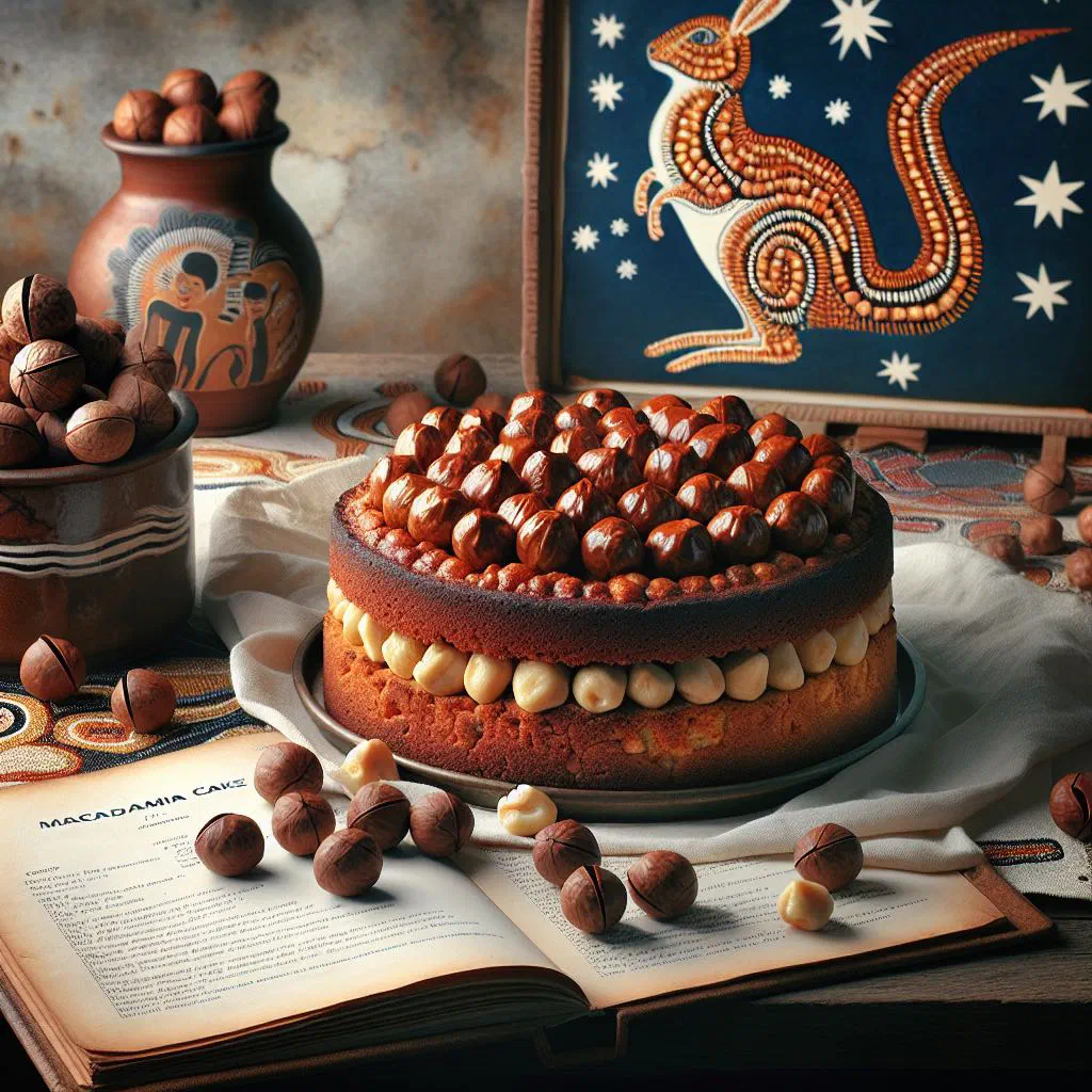 Golden macadamia nut cake dusted with icing sugar on a cake stand