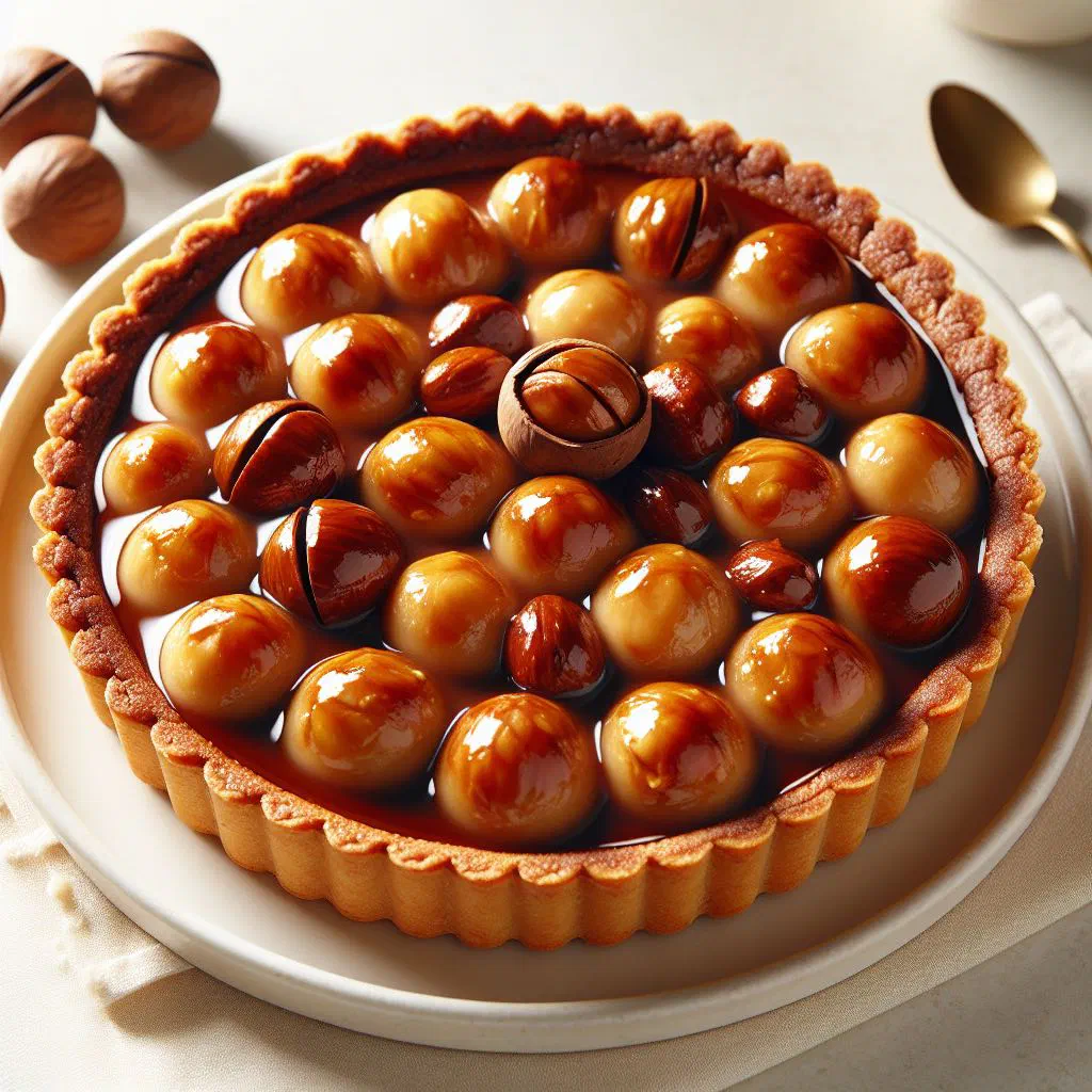Golden macadamia nut tart with a creamy honey filling