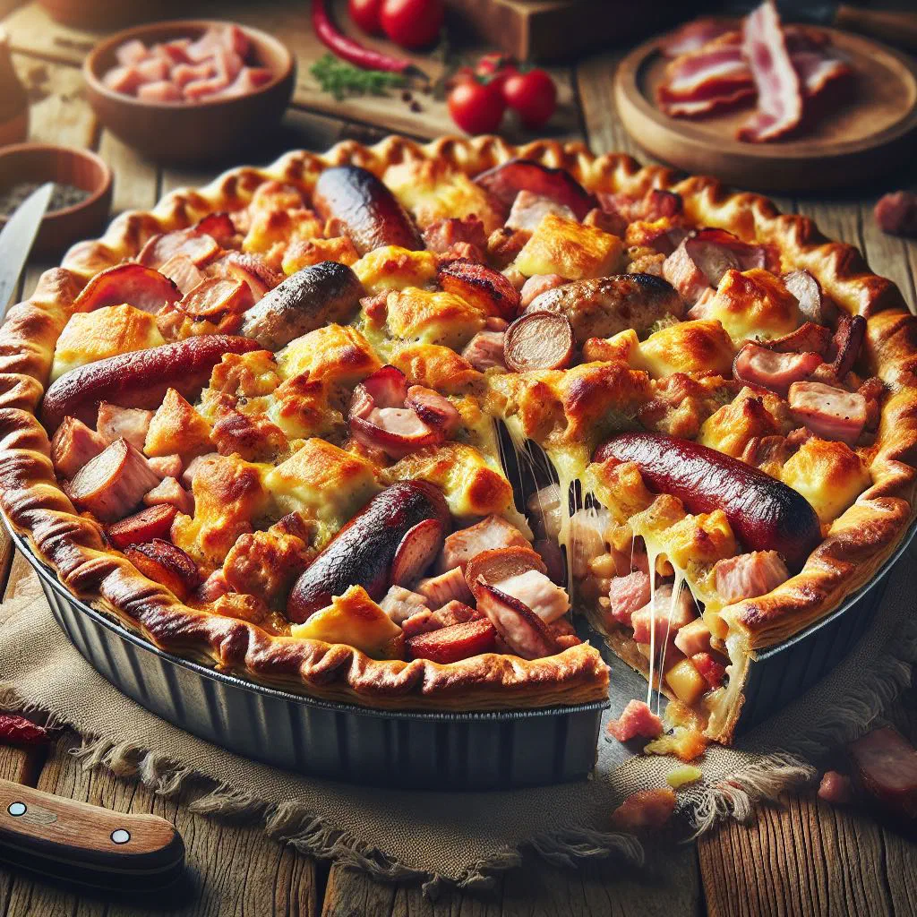 Golden baked meat lovers pie with a flaky puff pastry crust