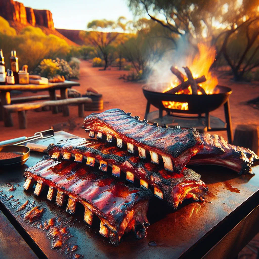 Glazed Outback BBQ ribs on a wooden board with fresh herbs