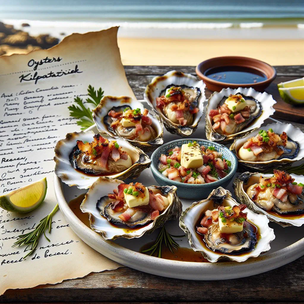 Grilled oysters kilpatrick topped with crispy bacon and parsley