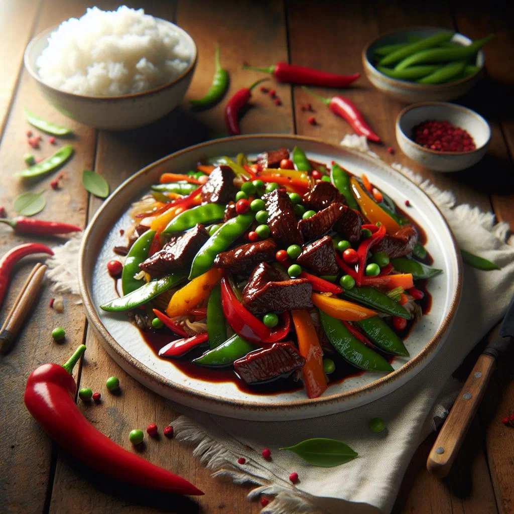 Kangaroo stir-fry with peppers, broccoli and pepperberries garnished with coriander