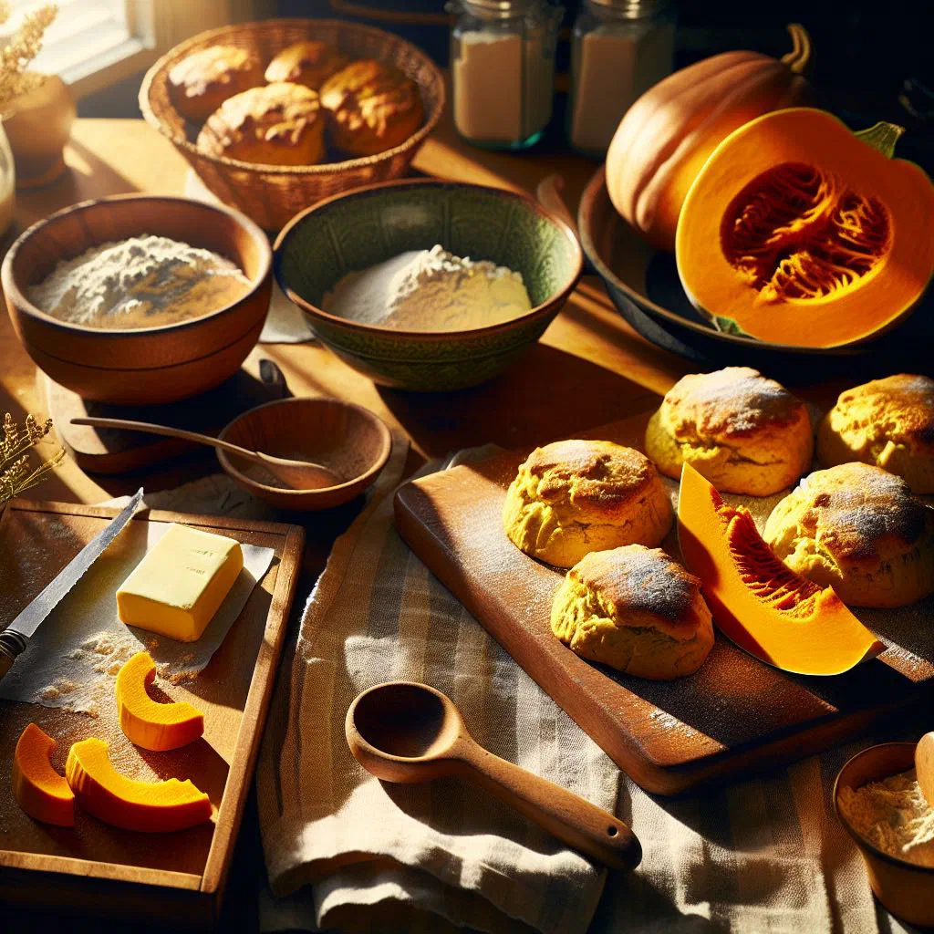 Golden pumpkin scones served with butter and jam for afternoon tea