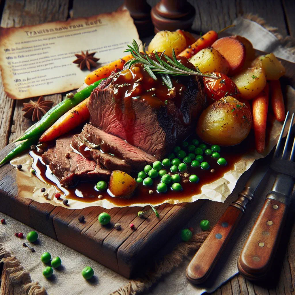 Sliced roast beef with a crisp crust on a wooden board with rosemary